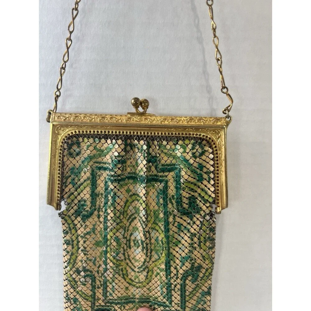 Antique Art Deco 1920's Whiting & Davis Enameled Mesh Flapper Purse Green Gold